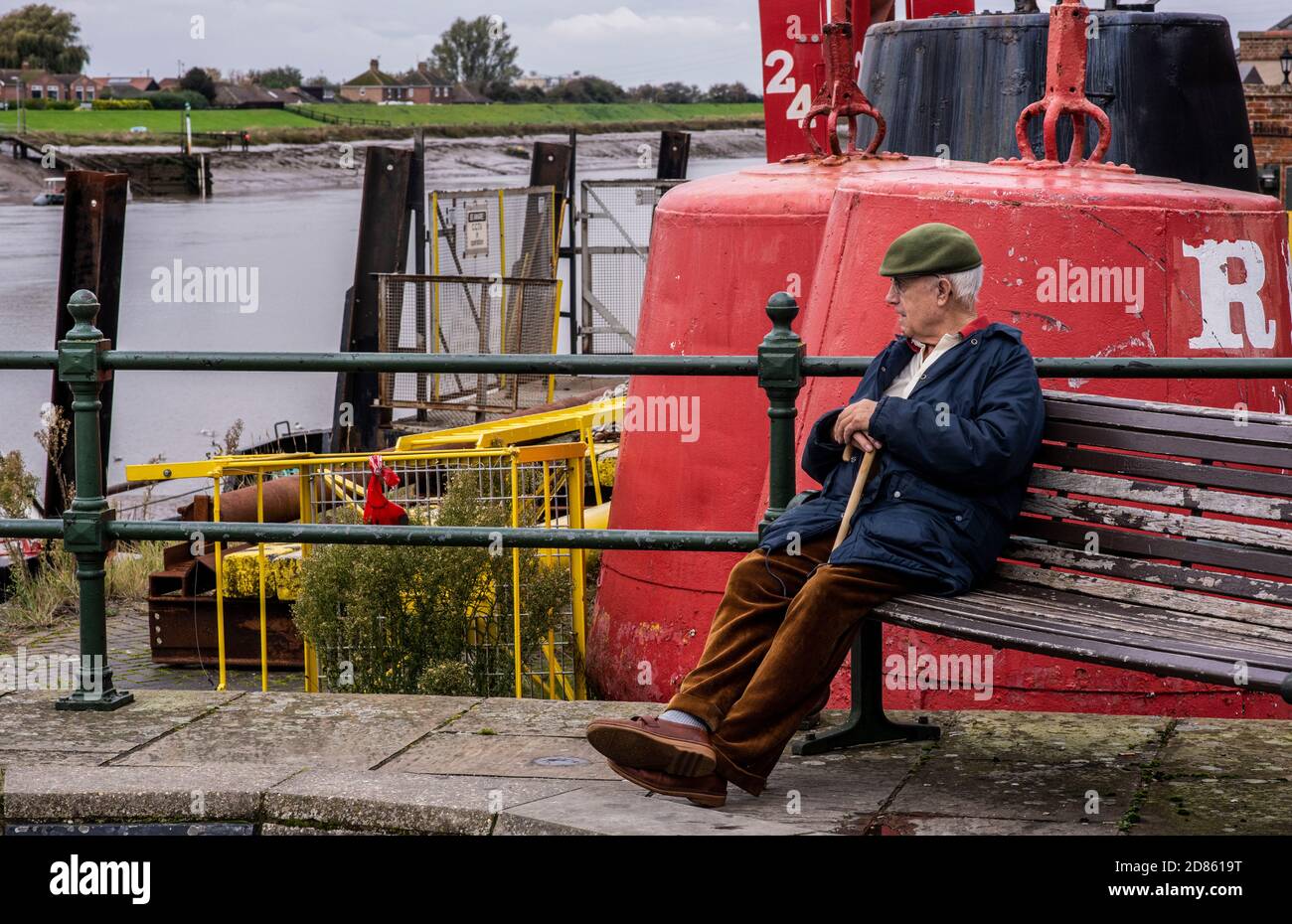 Senior man sitting on bench in harbour, Kings Lynn, Norfolk, UK Stock Photo