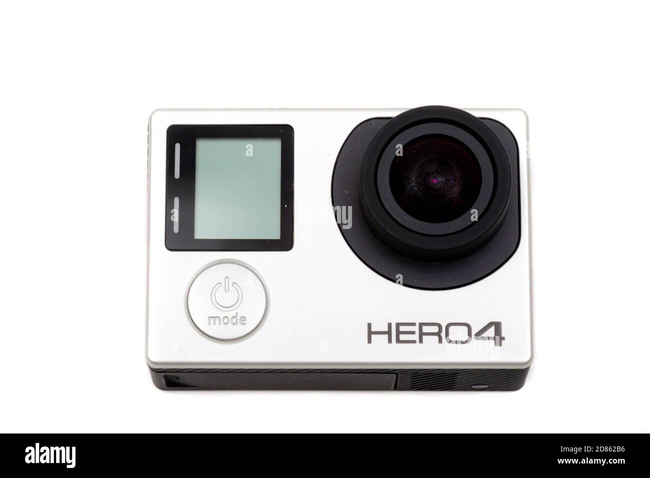 London, United Kingdom, 21st September 2020:- A GoPro Hero4 camera isolated on a white background Stock Photo