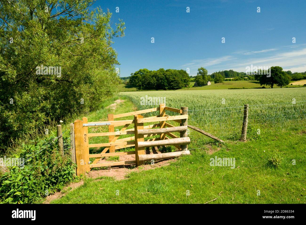Gate on Usk valley walk besides River Usk The Bryn near Abergavenny, Monmouthshire, South  Wales. Stock Photo