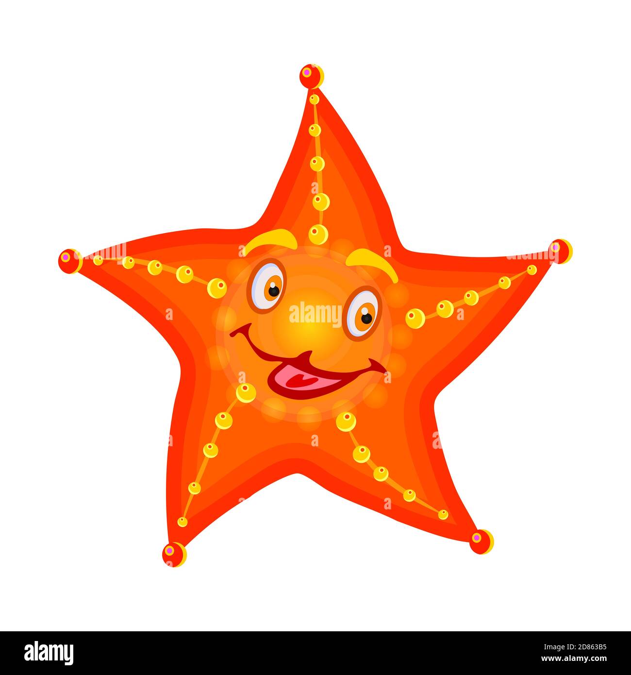 Sea star isolated on white background. Cute cartoon orange starfish. Starfish sea stars mascot with face.Sea beach animal top view.Vector illustration Stock Vector