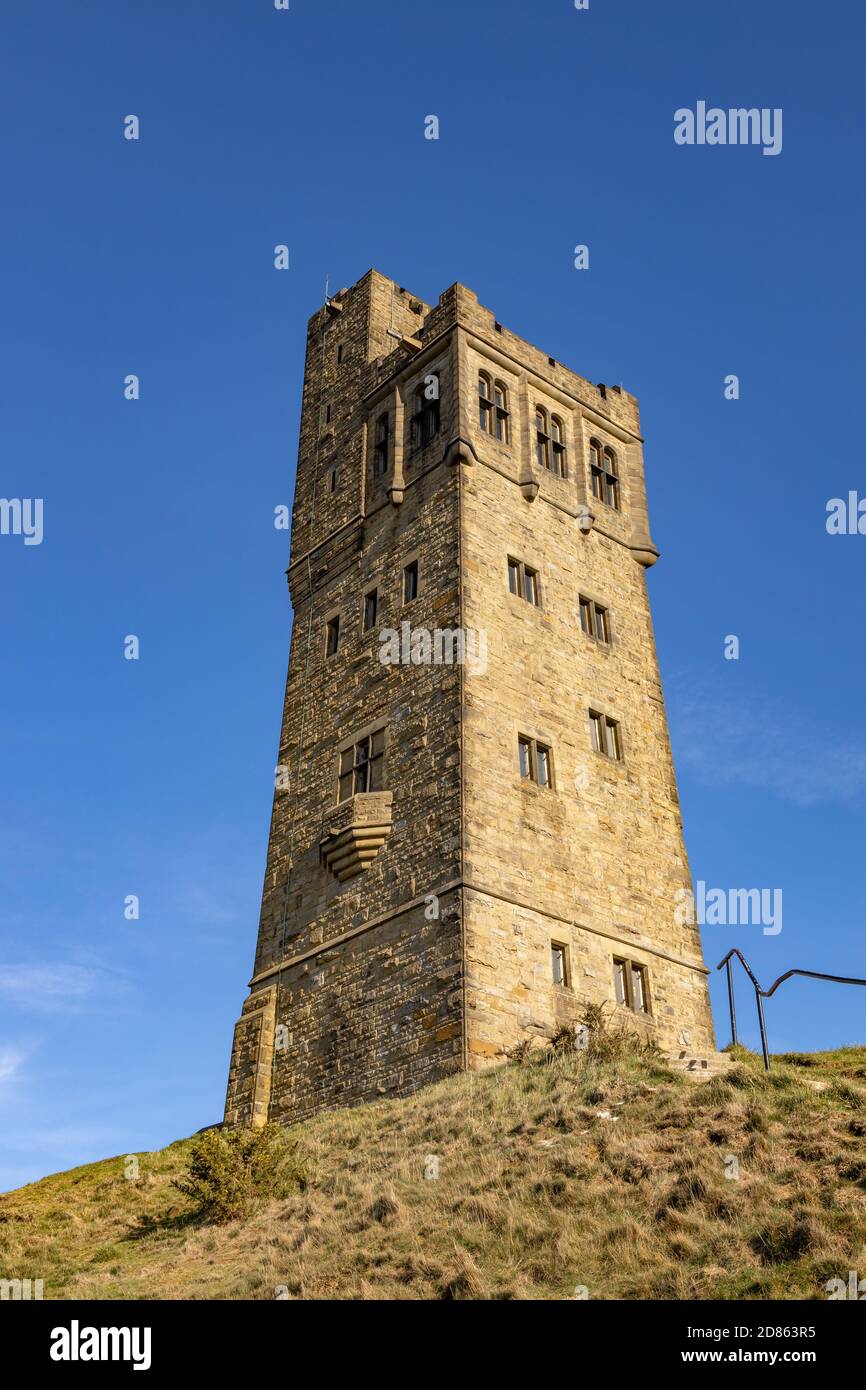 The Victoria or Jubilee Tower opened in 1899 at Castle Hill near Almondbury, Huddersfield, West Yorkshire, England, UK Stock Photo