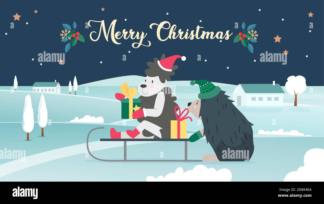 Merry Christmas greeting card with cute animals vector illustration. Cartoon Christmas background for winter holidays, happy sheep wearing red Santa hat and hedgehog sledding in snow xmas landscape Stock Vector