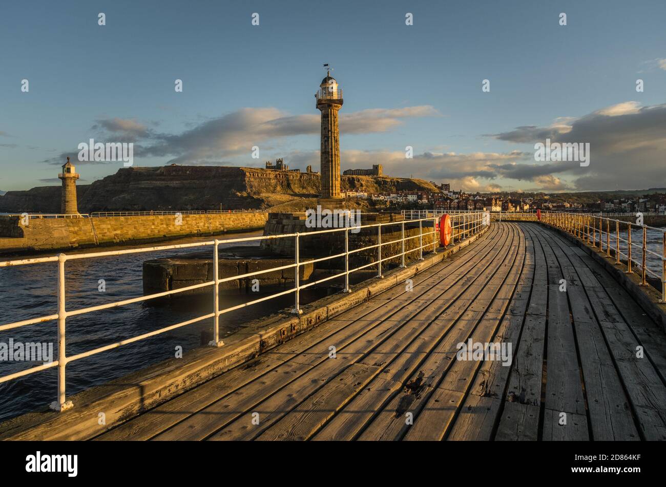 Pier at Whitby, North Yorkshire fishing port and historic seaside town on the River Esk Stock Photo