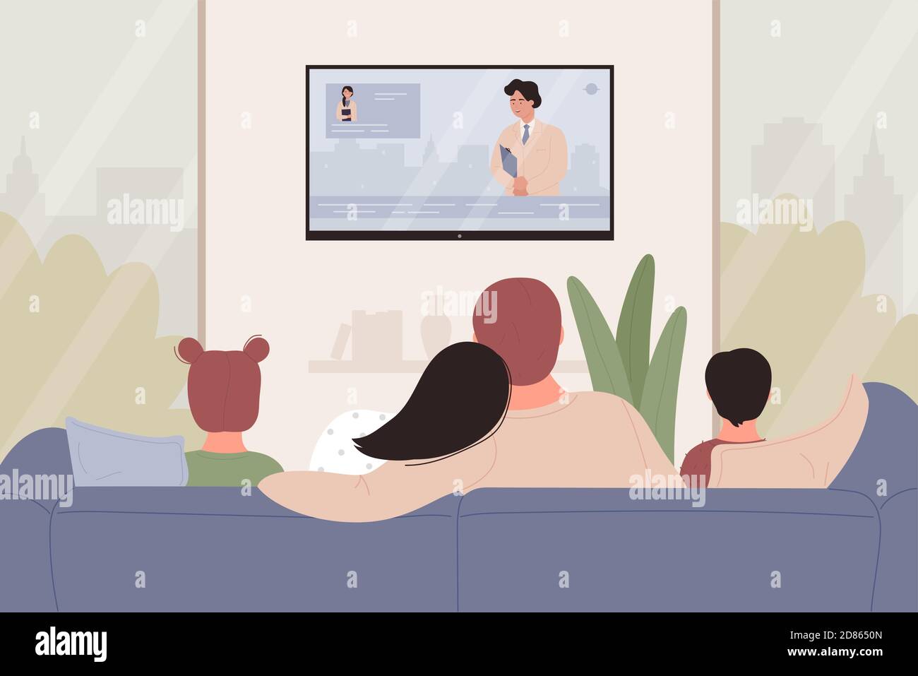 Happy family with kids sitting on sofa together and watching TV news or movie in living room vector illustration Stock Vector