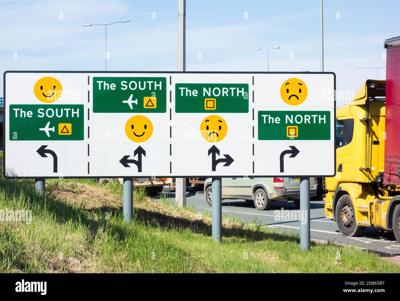 North South divide, levelling up... concept road sign concept. UK Stock Photo