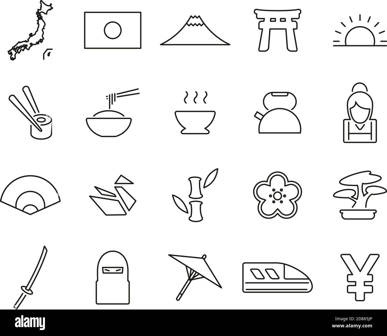 Japan Country & Culture Icons Black & White Thin Line Set Big Stock ...