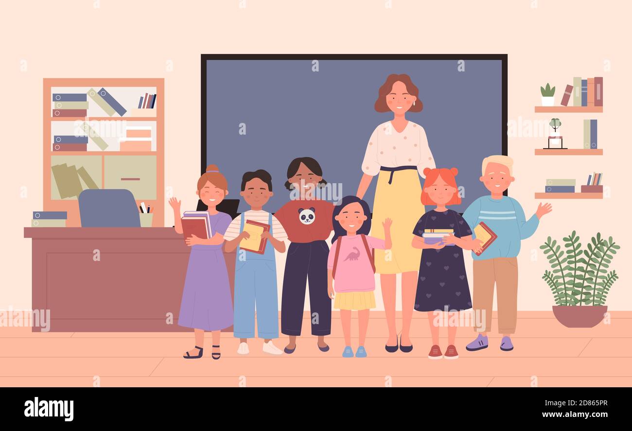 Back to School. Pupils and woman teacher in school classroom