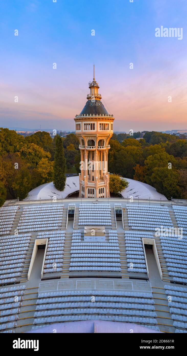 Water tower in Margaret island Budapest Hungary. There is the amazing Opean-air stage too where there are theatrical performances all summers Stock Photo