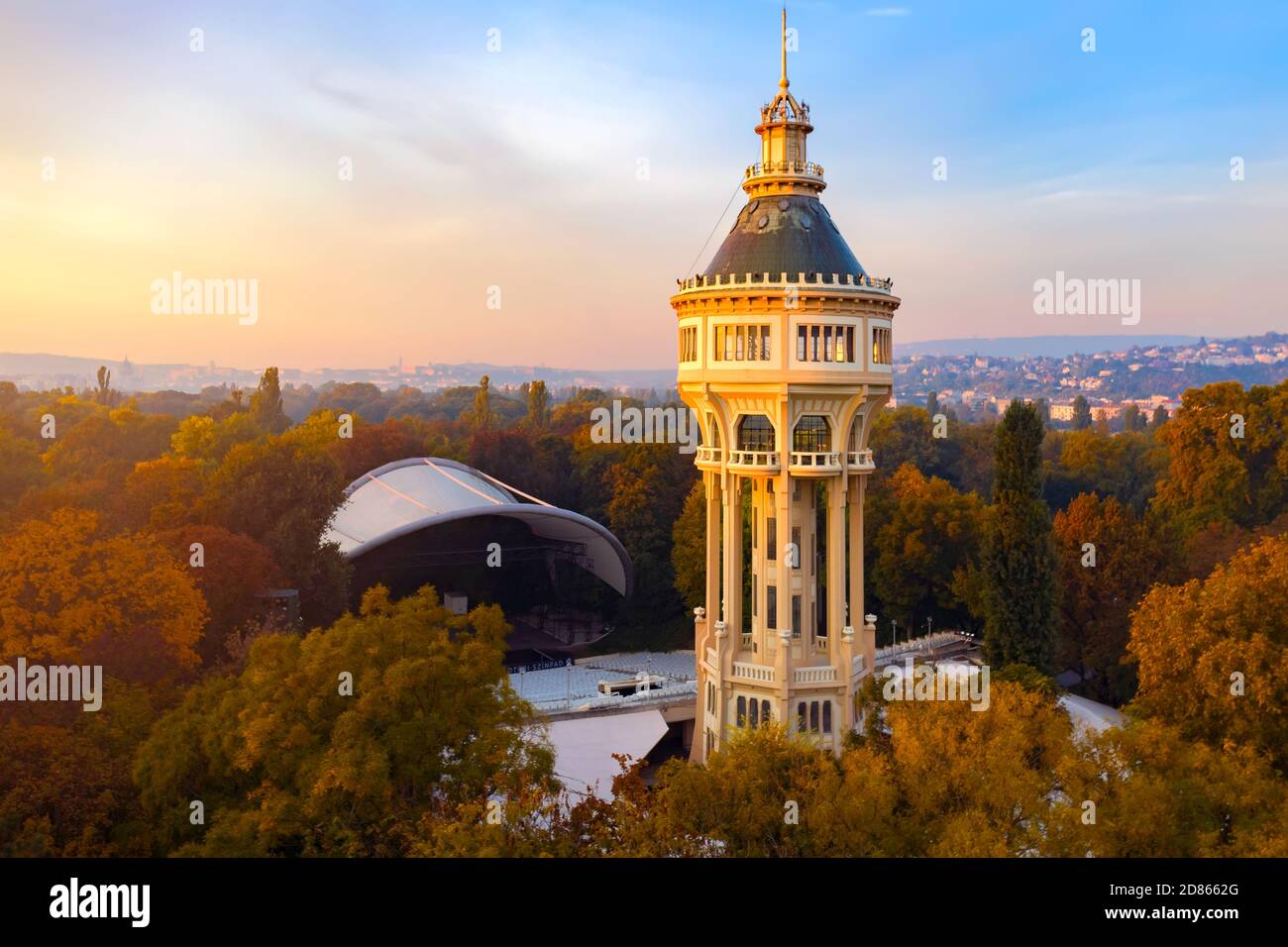 Water tower in Margaret island Budapest Hungary. There is the amazing Opean-air stage too where there are theatrical performances all summers Stock Photo