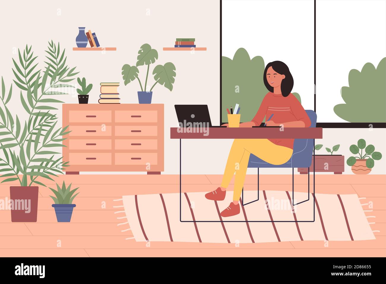 Freelance happy young woman freelancer character working with laptop at home  or cozy hugge office vector illustration Stock Vector Image \u0026 Art - Alamy, image size:1300x957