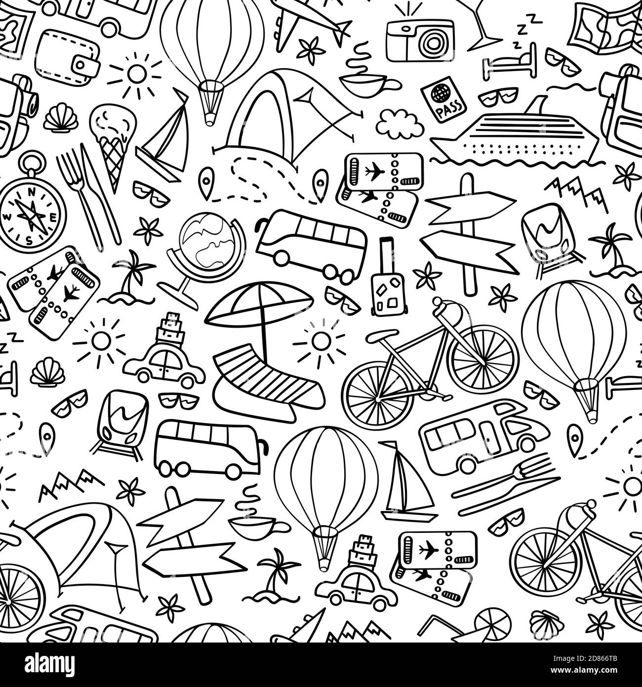 Travel doodles seamless pattern. Vacation print on white background. Vector illustration. Stock Vector