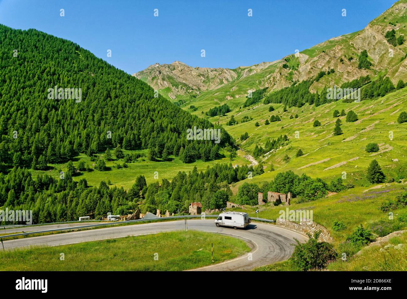 Campervan or motorhome at the Col de Maddalena Pass between Italy and France. Stock Photo