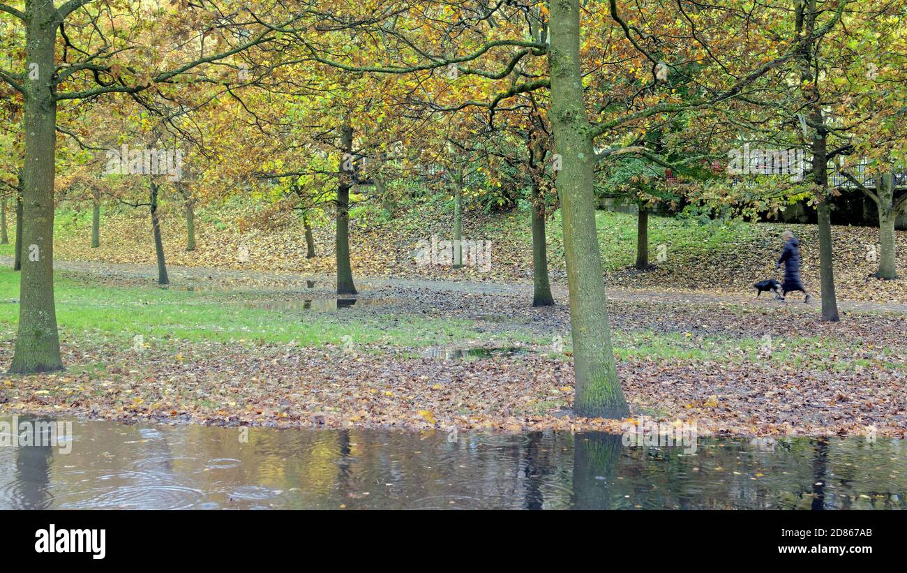 Glasgow, Scotland, UK. 27th October, 2020: UK Weather: Grey cold day saw rain amidst the umbrellas and masks the new sign of the times in the pandemic city life. Credit:  At kelvingrove park. Gerard Ferry/Alamy Live News Stock Photo