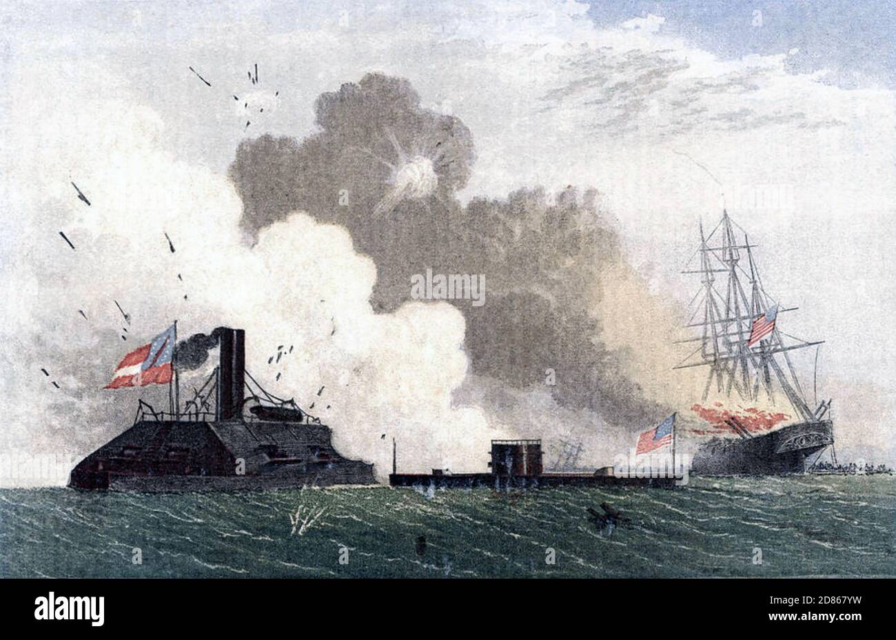 BATTLE OF HAMPTON ROADS March 8-9 1862. From left Confederate ironclad gunship Virginia, USS Monitor, USS Cumberland. Stock Photo