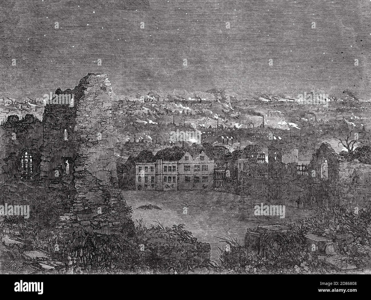 DUDLEY, West Midlands, England. The ironworks seen from the ruined castle in 1853 Stock Photo