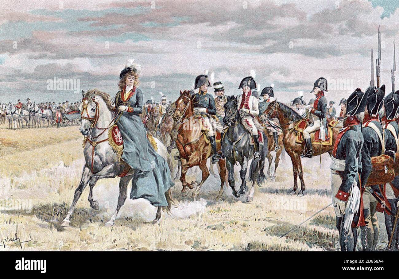 QUEEN LOUISE OF PRUSSIA (1776-1810) Louise of Mecklenburg-Strelitz reviewing  troops Stock Photo