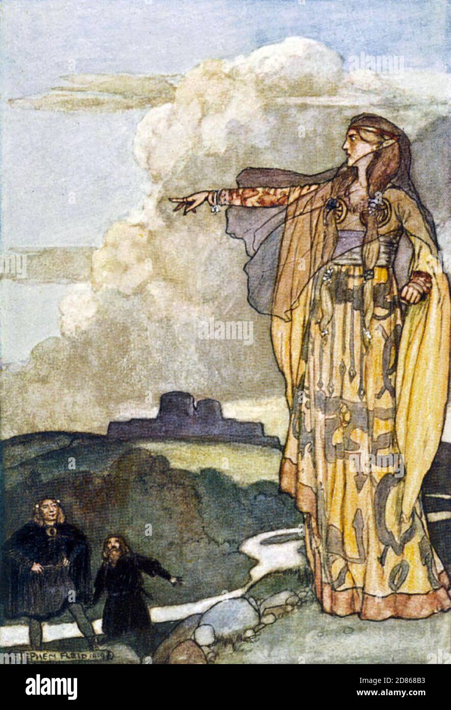 QUEEN MACHA  Figure in Irish folklore here cursing the men of Ulster in an illustration by Stephen Reid for 'The Boys' Cuchulainn' (1904) Stock Photo