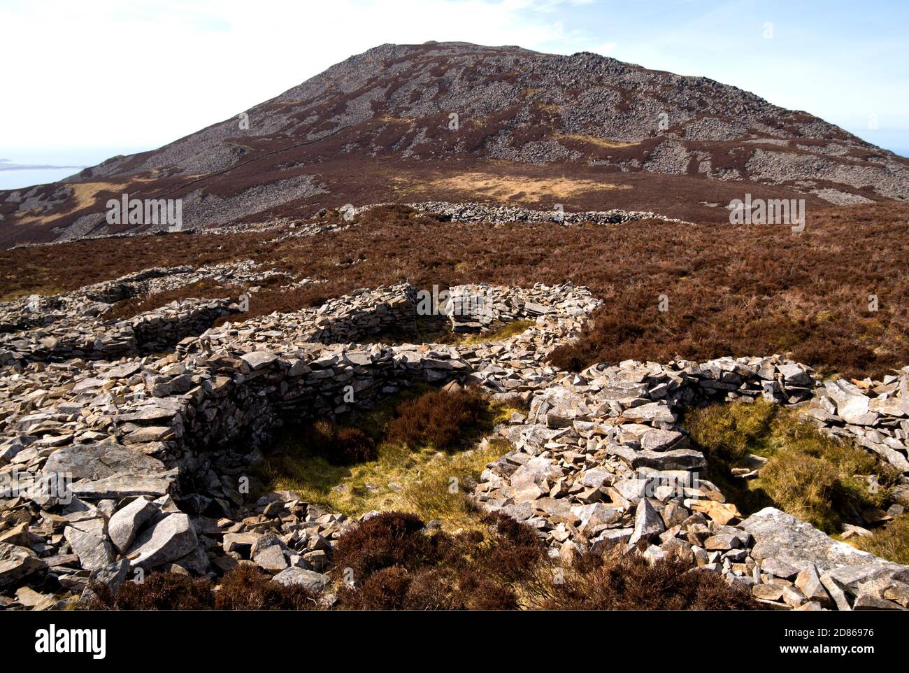 Iron Age Houses, Tre'r Ceiri, Hill Fort, Yr Eifl Mountains, Lleyn Peninsula, Gwynedd, North Wales. Stock Photo