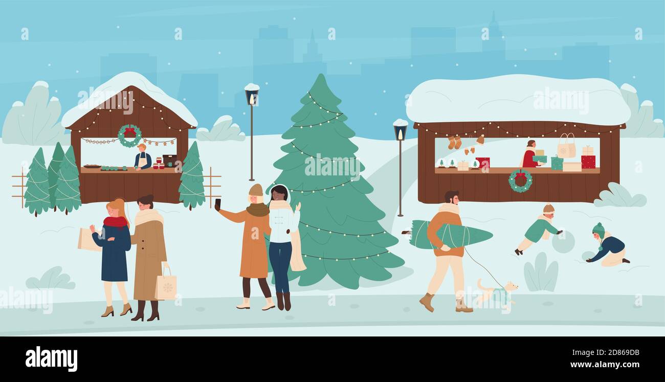 People at Christmas market vector illustration. Cartoon happy buyers characters walk past xmas festive stalls marketplaces of town street fair, buy food, Christmas tree for winter holidays background Stock Vector