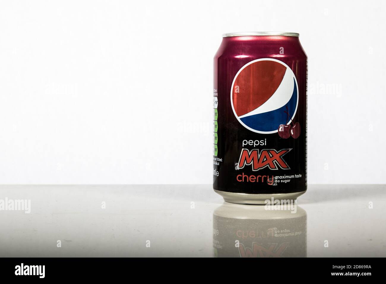 London, 24th October 2017:- A can of Cherry Pepsi Max against a white background Stock Photo