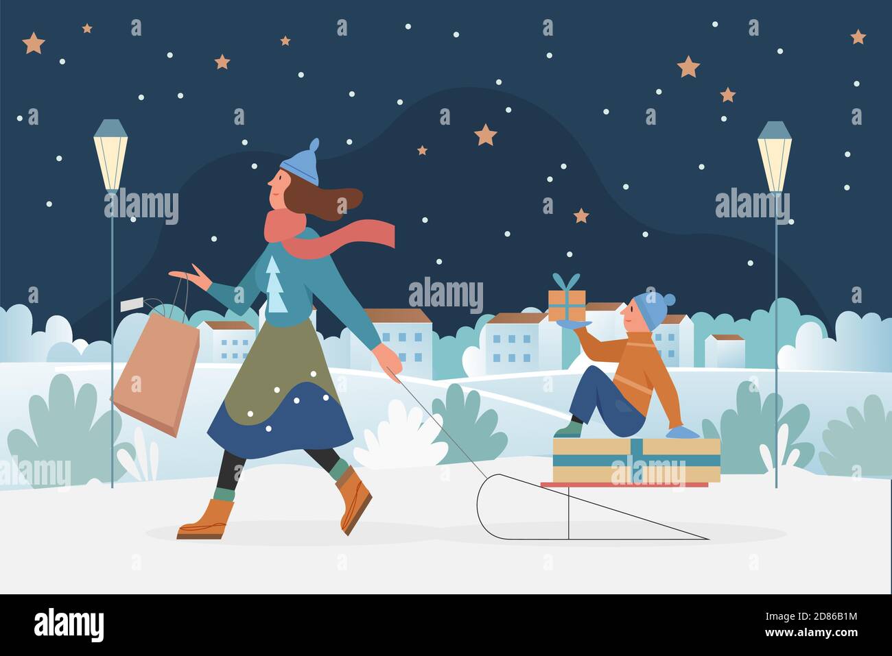 Family people sledding, Christmas outdoor activity vector illustration. Cartoon mother with kid son enjoying sleigh ride, holding shopping bags with gifts to celebrate winter xmas holidays background Stock Vector