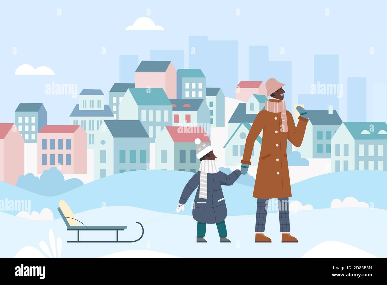 Family winter walk activity vector illustration. Cartoon active father with child walking and sledding in Christmas snowy cityscape, man holding sledge and enjoying xmas city under snow background Stock Vector
