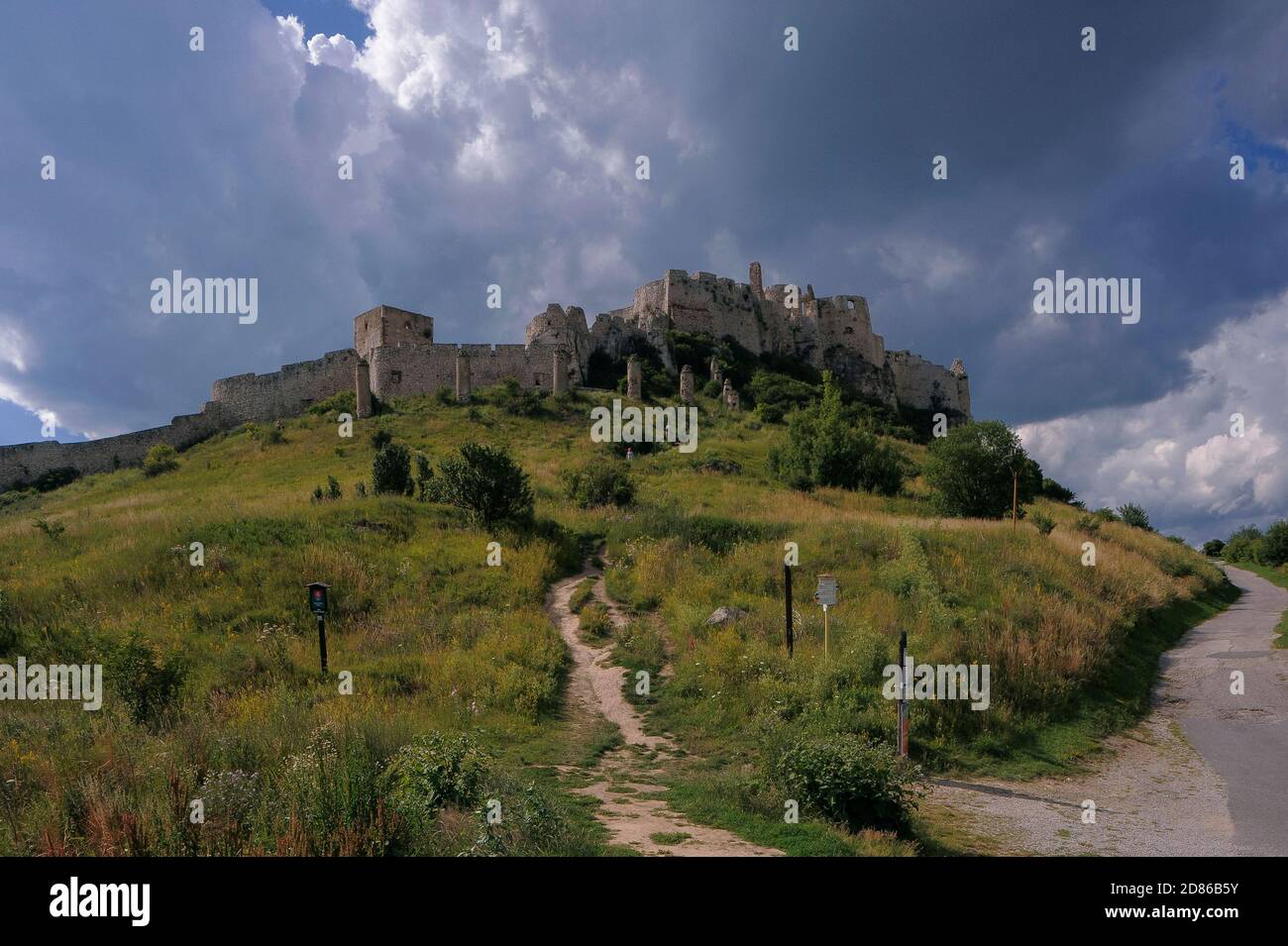 The mighty stronghold of Spiš Castle (Spišský hrad), founded in the 1200s by Hungarian kings and now in the Košice Region of Slovakia.  It successfully repelled a Tartar siege in 1241 and grew to become Central Europe’s largest fortress complex.  Spiš was abandoned after a catastrophic fire in 1780, but a thorough restoration programme, launched in 1969, led to both the castle and its environs achieving UNESCO World Heritage Site status in 1993. Stock Photo