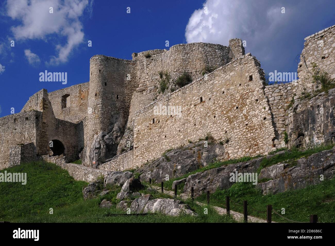 Spiš Castle (Spišský hrad), founded in the 1200s by Hungarian kings and now in the Košice Region of Slovakia.  It successfully repelled a Tartar siege in 1241 and grew to become Central Europe’s largest fortress complex.  Spiš was abandoned after a catastrophic fire in 1780, but a thorough restoration programme, launched in 1969, led to both the castle and its environs achieving UNESCO World Heritage Site status in 1993. Stock Photo