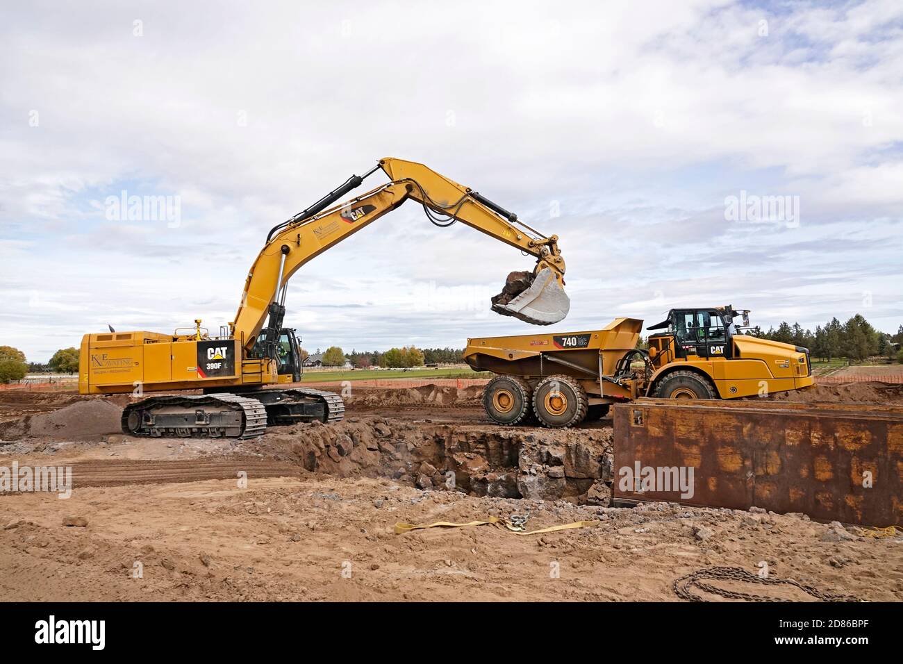 A large, earth moving tractor on a construction site in Bend, Oregon ...