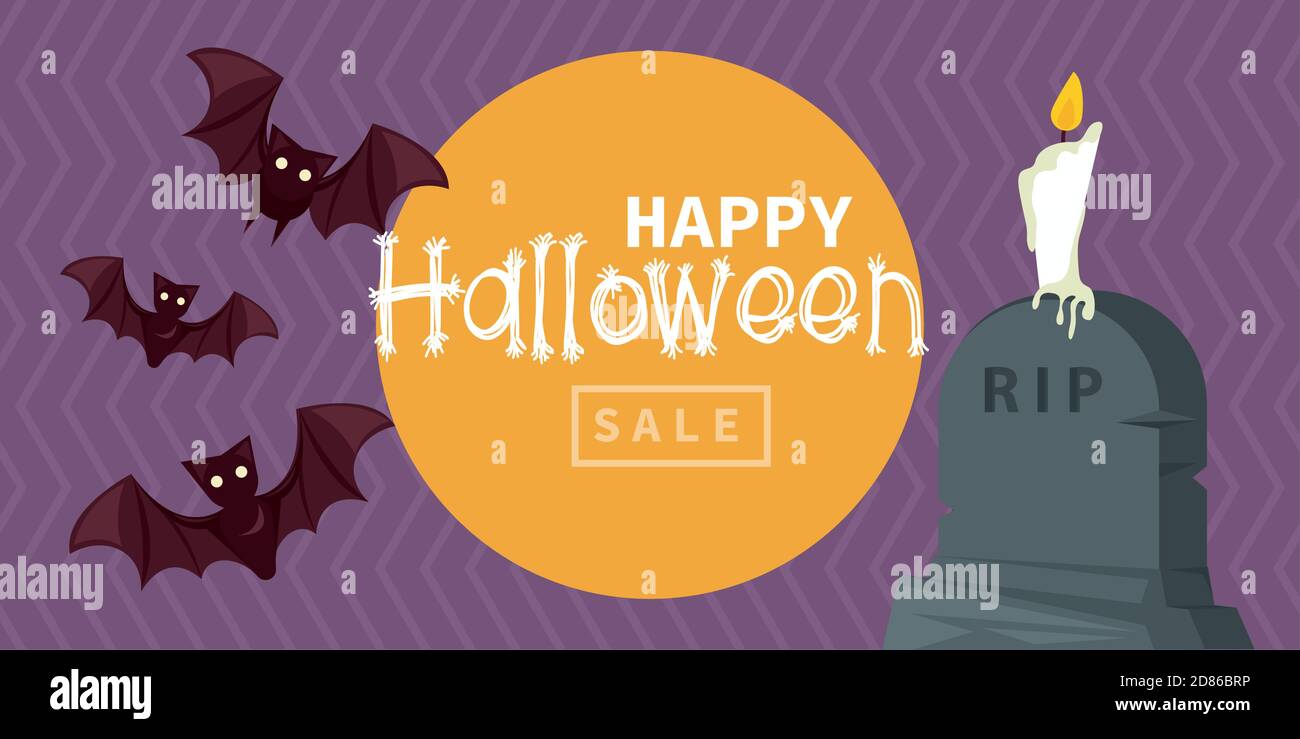 happy halloween celebration card with bats flying and candle in tomb ...