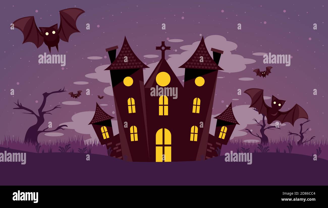 happy halloween celebration card with haunted castle and bats flying ...