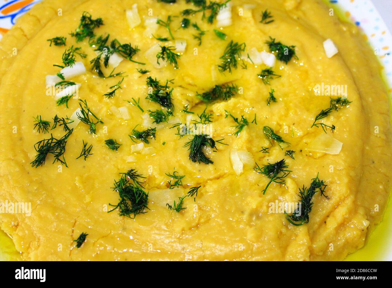 Traditional Greek Fava, yellow split pea puree with olive oil, onion