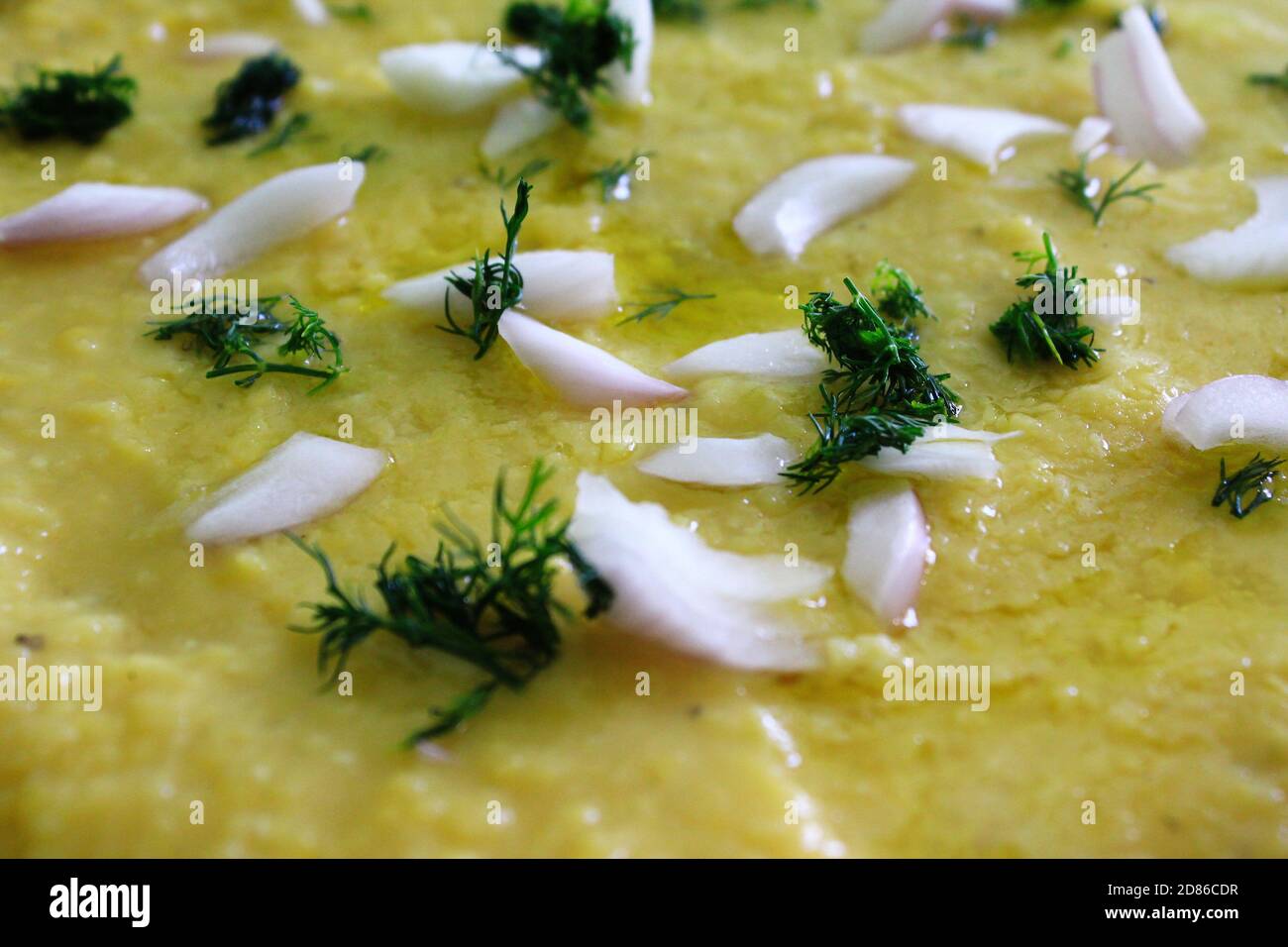 Traditional Greek Fava, yellow split pea puree with olive oil, onion and dill Stock Photo Alamy