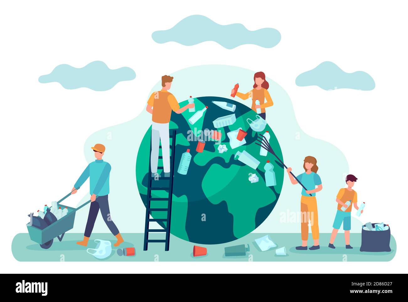 Earth cleaning. People clean world from garbage. Save planet ecology concept. Environmental protection from pollution vector illustration Stock Vector