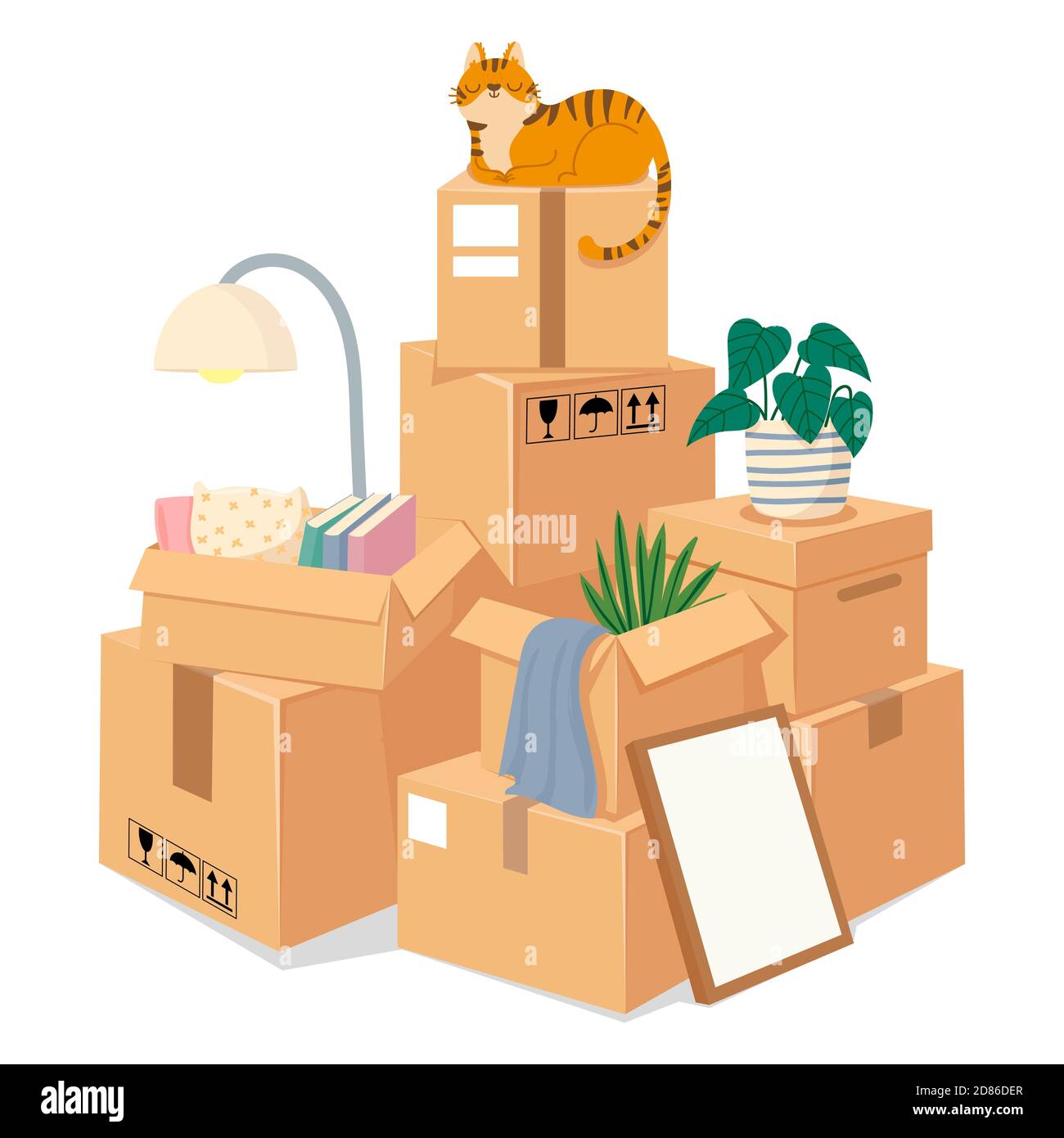 Boxes stack for moving. Stacked brown cardboard packages with stuff for move to new house. Box pile of sealed goods. Vector moving concept Stock Vector