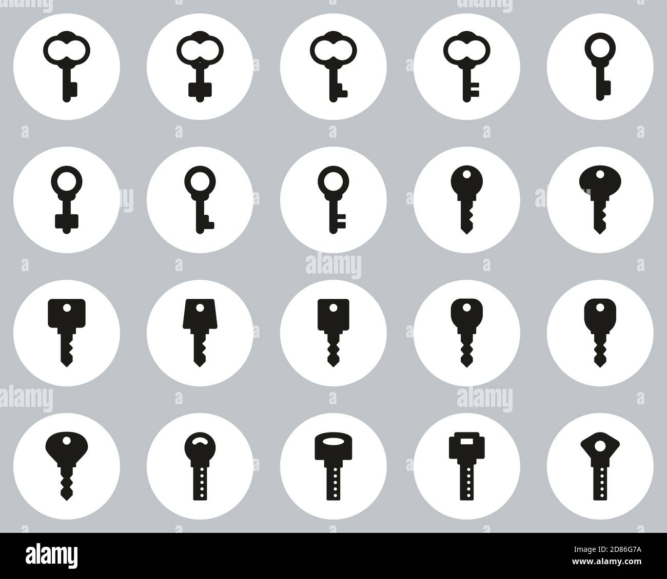 Keys Or Various Shapes Of Keys Icons Black & White Flat Design Circle Set Big Stock Vector