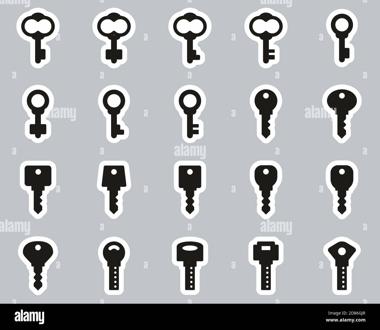 Keys Or Various Shapes Of Keys Icons Black & White Sticker Set Big Stock Vector