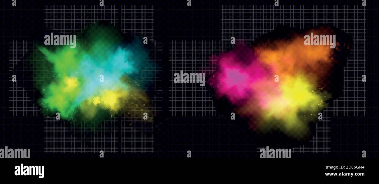 Explosions of color powder, paint dust with particles. Vector realistic
