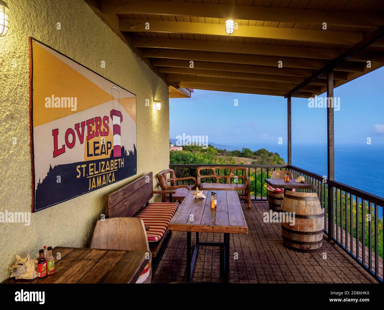 Lovers Leap Restaurant Terrace at dusk, Saint Elizabeth Parish, Jamaica Stock Photo