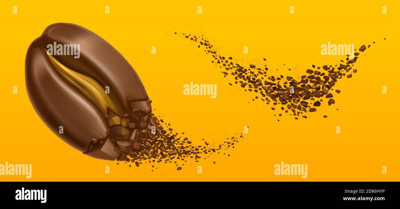Explosion of coffee bean and ground arabica grains. Vector realistic illustration of shredded roasted coffee, burst of arabica bean and splash of brown powder on yellow background Stock Vector