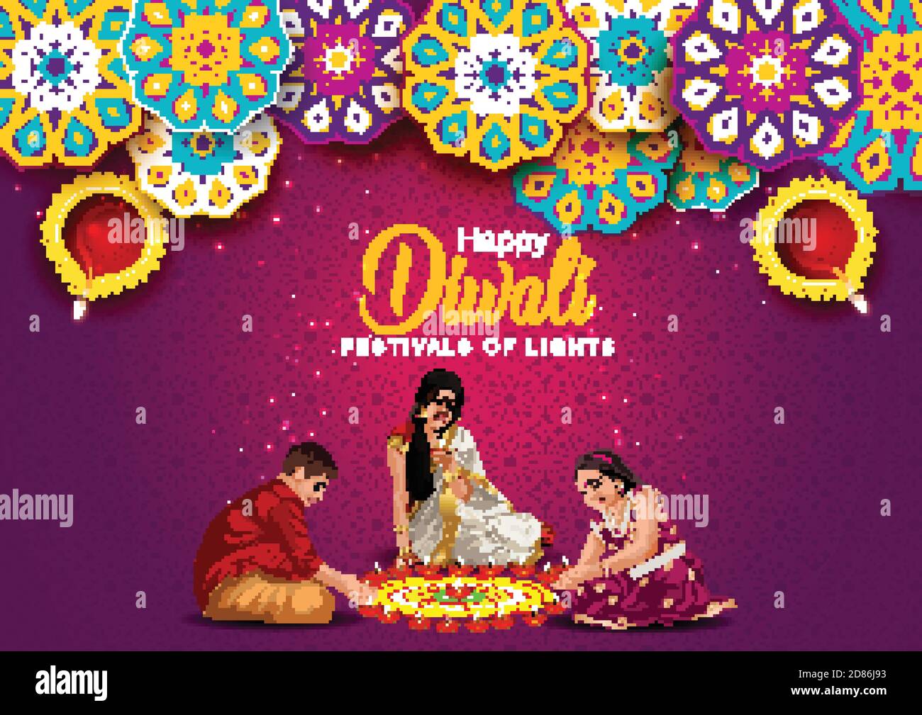Happy Diwali celebration background. Top view of banner design decorated with illuminated oil lamps on patterned family background. vector illustratio Stock Vector