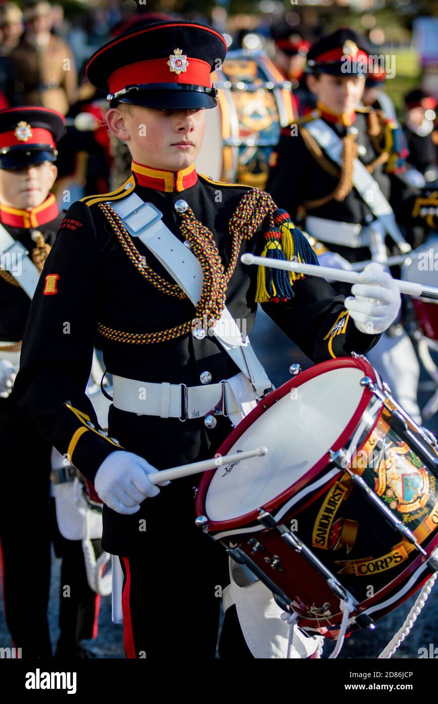 Sandhurst, United Kingdom, 11th November 2018:- Cadets from Sandhurst Corps of Drums march to Sandhurst War Memorial on the 100th Anniversary of the A Stock Photo