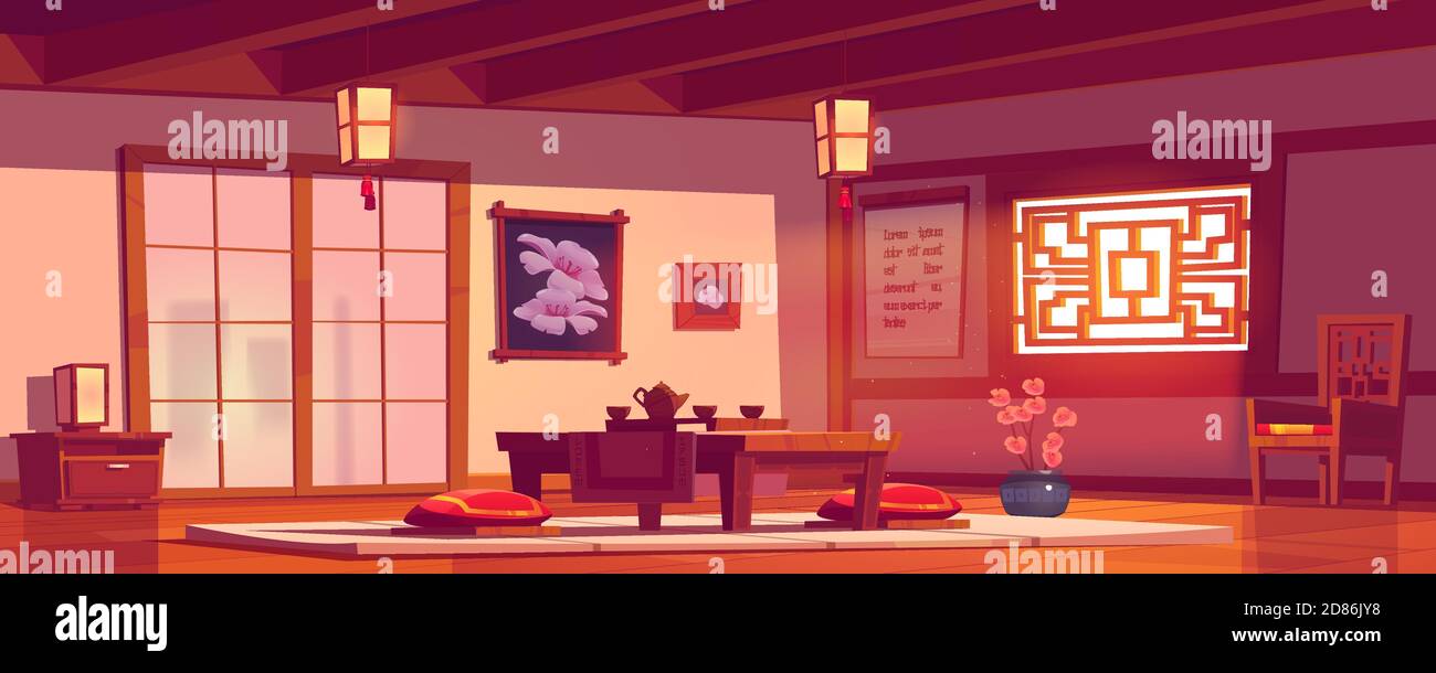 Asian restaurant, Chinese or Japanese cafe empty interior in traditional style with table served for tea ceremony, sakura flowers, low desk with pillows on floor, cafeteria cartoon vector illustration Stock Vector