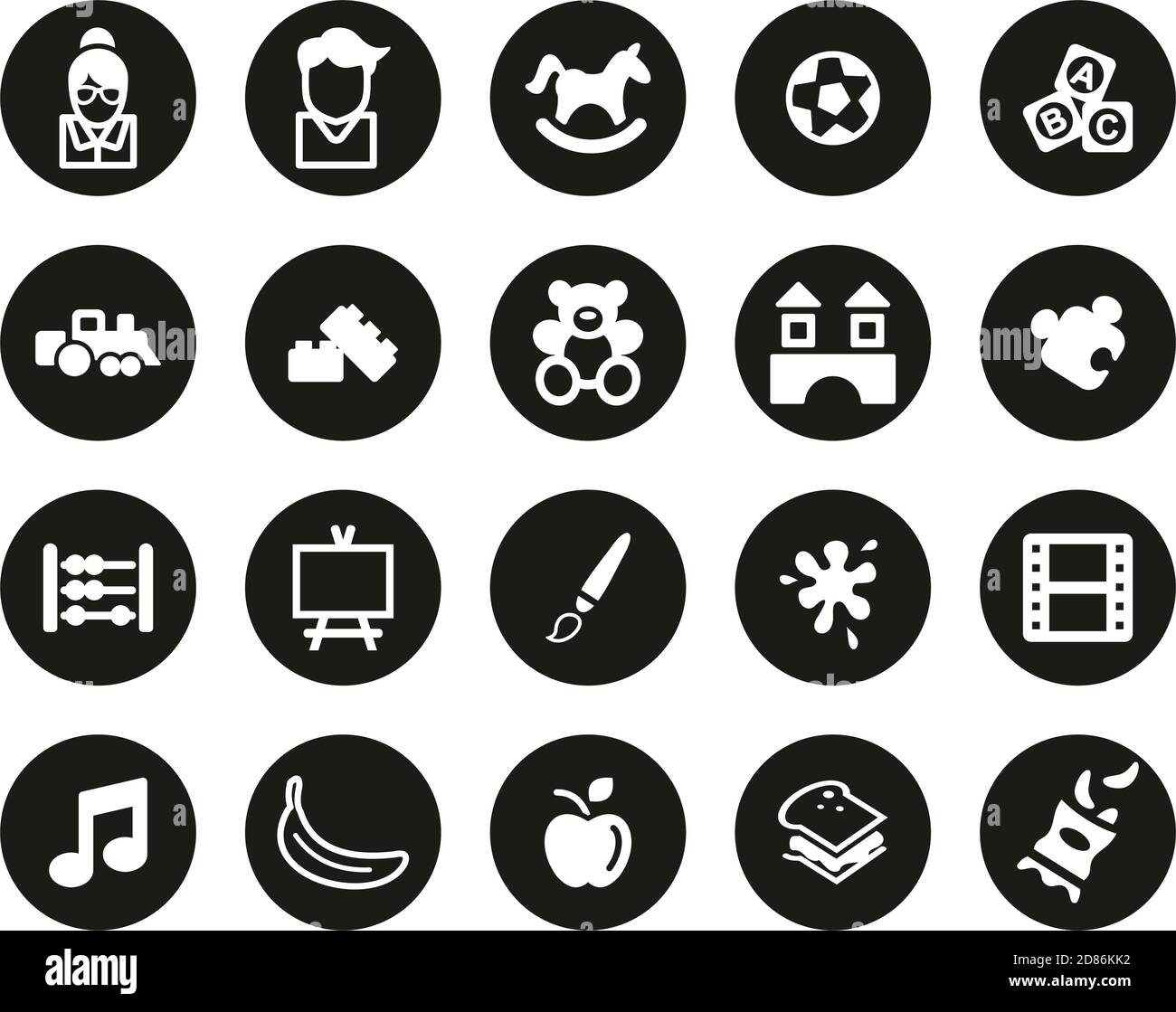 Kindergarten Or Day Care Icons White On Black Flat Design Circle Set ...