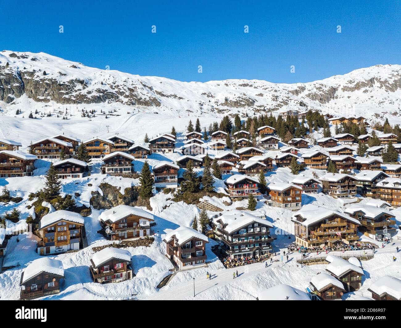 Bettmeralp, Switzerland - February 16. 2019: Aerial image of  the Swiss alps chalet village Bettmeralp in Canton Vaud. It is one of the famous winter Stock Photo