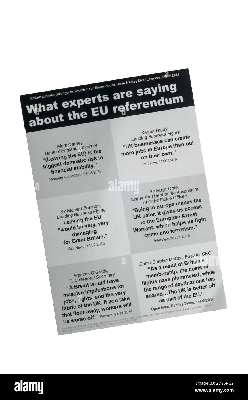 An anti-Brexit brochure on behalf of Britain Stronger in Europe. Stock Photo