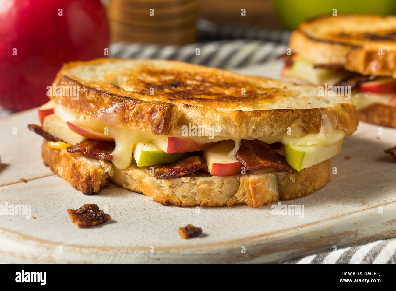 Homemade Bacon Apple Grilled Cheese Panini on White Bread Stock Photo