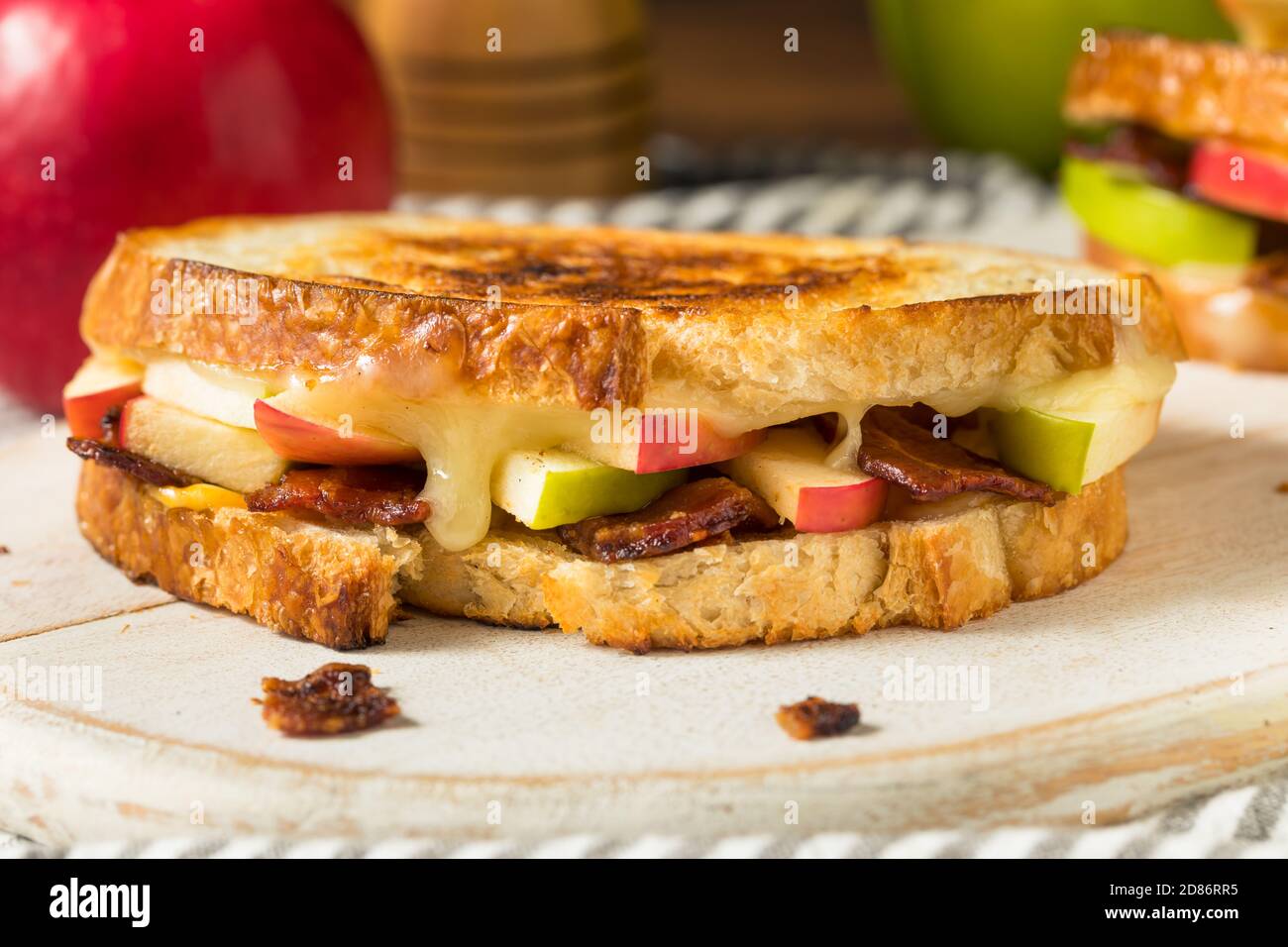 Homemade Bacon Apple Grilled Cheese Panini on White Bread Stock Photo