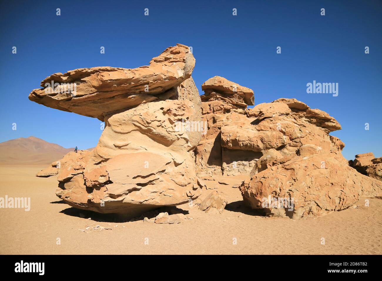 Amazing Rock Formation at Eduardo Avaroa Andean Fauna National Reserve with a Visitor Photographing, Sur Lipez Province, Bolivia, South America Stock Photo