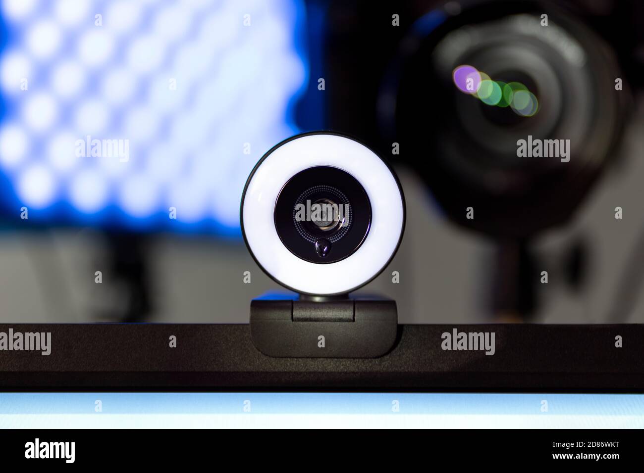 Webcam setup in home office for online conference Stock Photo